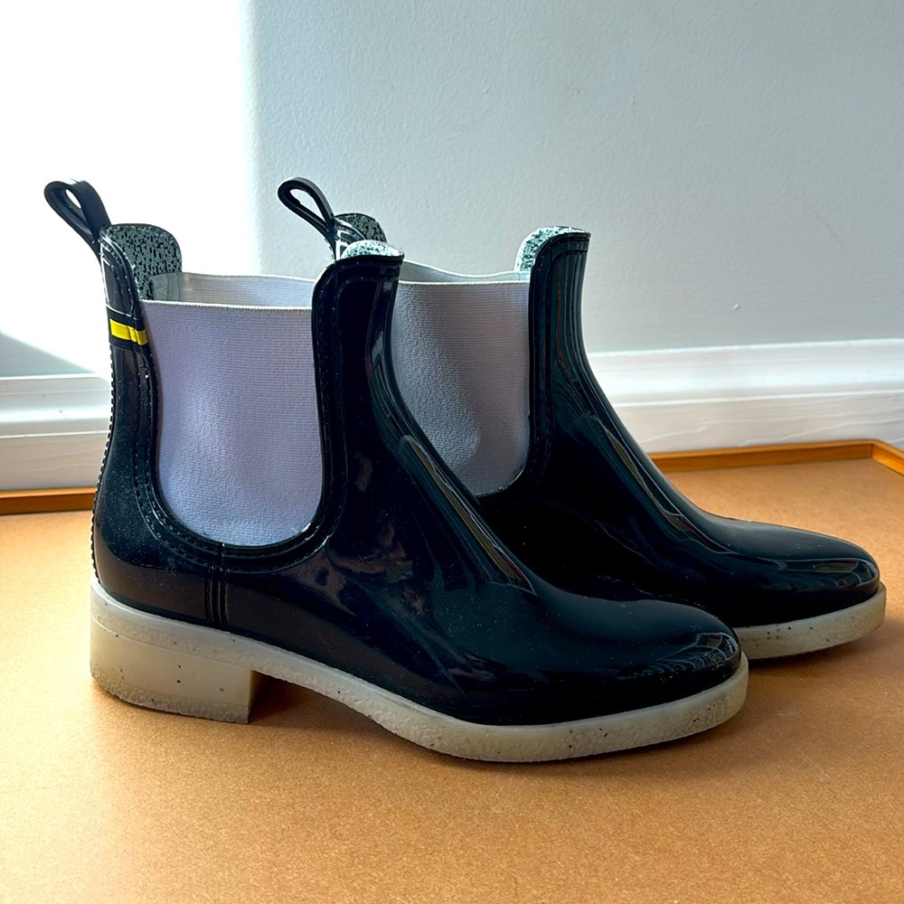 Black Patent Chelsea Rain Boots with White Elastic Panels